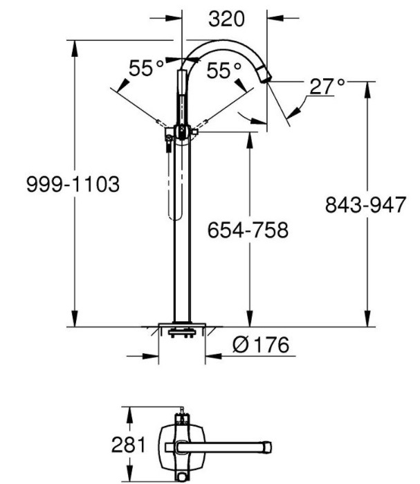 Bản vẽ vòi xả bồn tắm Grohe 23318IG0 đặt sàn