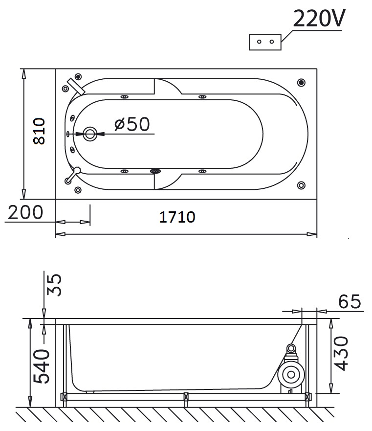 Bản vẽ kỹ thuật bồn tắm dài Caesar MT0170L(R) 1,7M