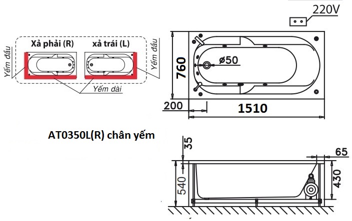 Bản vẽ kỹ thuật bồn tắm dài Caesar AT0350L(R) 1.5M