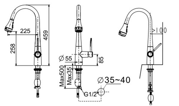 Bản vẽ kích thước vòi rửa chén rút dây American WF5634