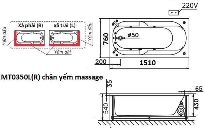 Bản vẽ kỹ thuật bồn tắm dài Caesar MT0350L(R) 1,5M