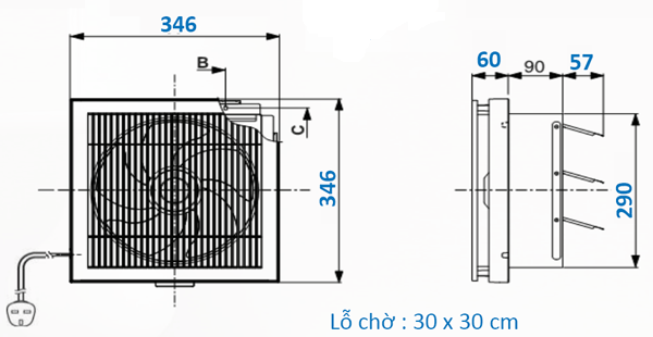 Bản vẽ kỹ thuật quạt hút thông gió ốp tường EX-25SKC5T Mitsubishi