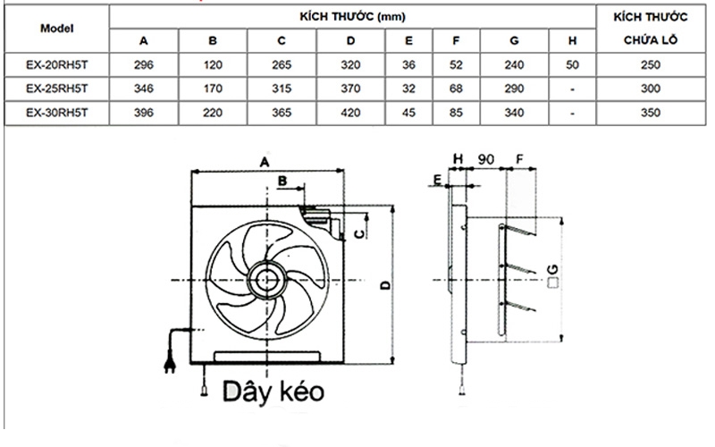 Bản vẽ kỹ thuật quạt hút thông gió ốp tường 2 chiều EX-30RH5T Mitsubishi