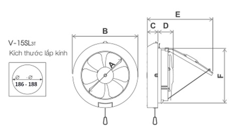 Bản vẽ kỹ thuật quạt hút thông gió ốp kính V-15SL3/6T Mitsubishi