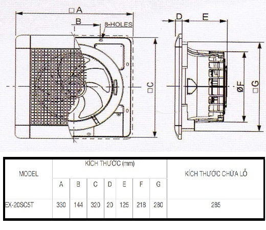 Bản vẽ kỹ thuật quạt hút thông gió âm trần không ống gió EX-20SCT Mitsubishi