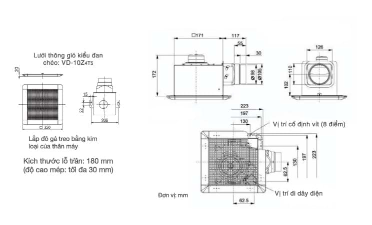 Bản vẽ kỹ thuật quạt hút thông gió âm trần VD-10Z4T6-N Mitsubishi