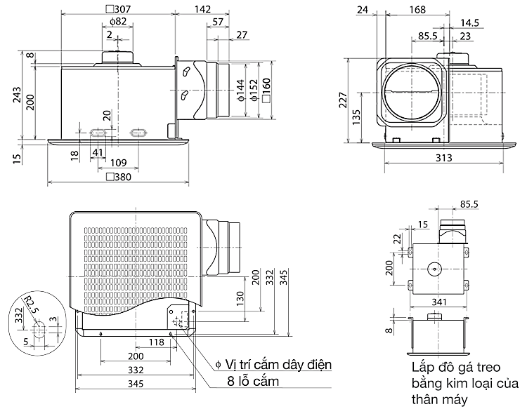 Bản vẽ kỹ thuật quạt hút thông gió âm trần VD-20ZP4T5 Mitsubishi