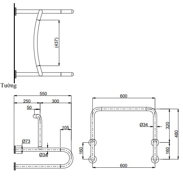 Bản vẽ thanh vịn T114CU2R#MLA TOTO