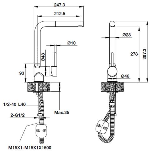 Bản vẽ vòi bếp Hafele HT-G280 570.51.580 nóng lạnh