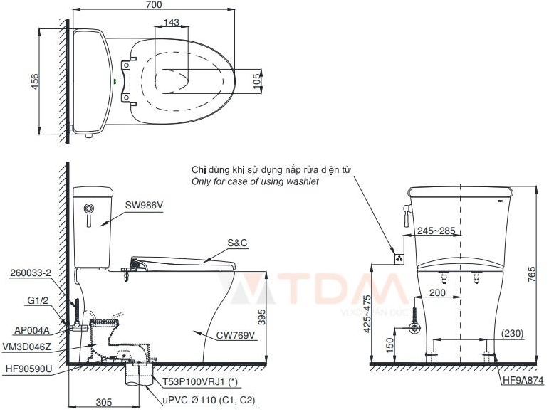 Bản vẽ kỹ thuật xí bệt TOTO C986 + S986G