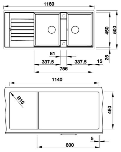 Bản vẽ chậu đá Blancozia 8S Hafele 2 hộc có cánh