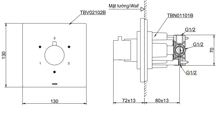 Bản vẽ van chuyển hướng âm tường TBV02102B TBN01101B TOTO