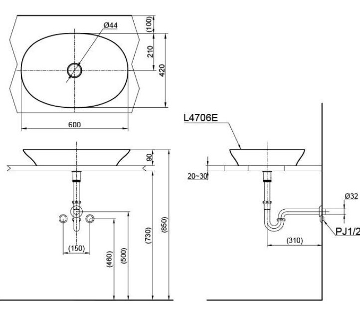 Bản vẽ chậu rửa mặt TOTO LT 4706MT