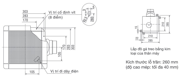 Bản vẽ kỹ thuật quạt hút thông gió âm trần VD-15ZP4T6 Mitsubishi