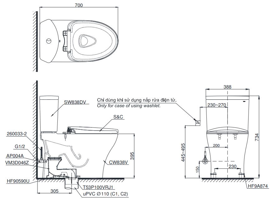 Bản vẽ bồn cầu nắp điện tử TOTO CS838D E2