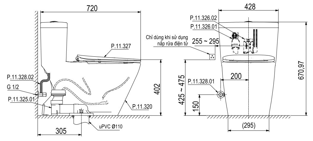 Bản vẽ bệt vệ sinh Viglacera P.11.350 Platinum dòng 350