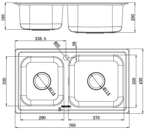 Bản vẽ kỹ thuật chậu inox Malloca MS 2076E rửa chén bát