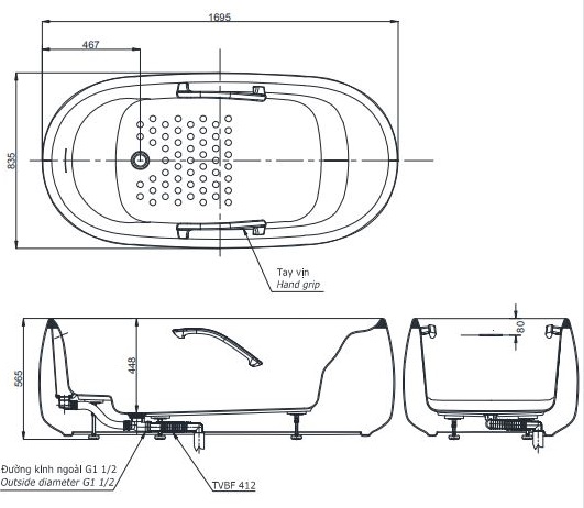 Bản vẽ bồn tắm PJY1744PWEN màu GW TOTO