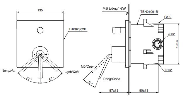 Bản vẽ van điều chỉnh nóng lạnh TBP02302B/TBN01001B TOTO 