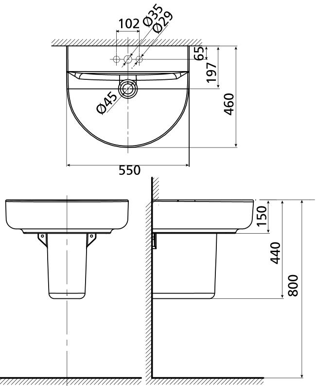 Bản vẽ kích thước lavabo 0553-WT 0740-WT American