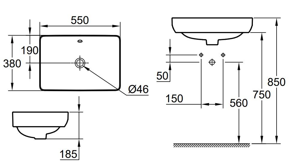 Bản vẽ kích thước chậu lavabo 100983SH00 Grohe