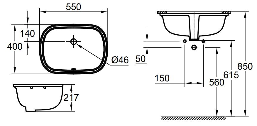 Bản vẽ kích thước lavabo 101022SH00 Grohe 550mm