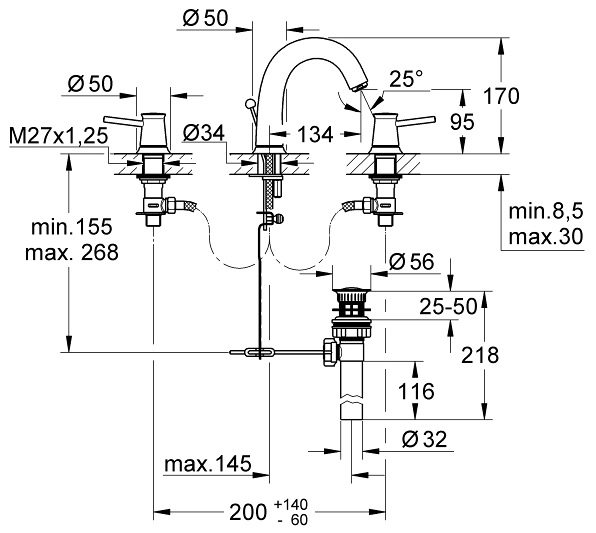 Bản vẽ kích thước vòi lavabo 20470000 Grohe BauClassic