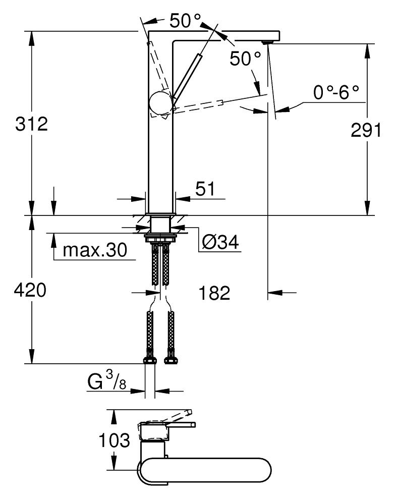 Bản vẽ kích thước vòi lavabo 32618003 Grohe thân cao