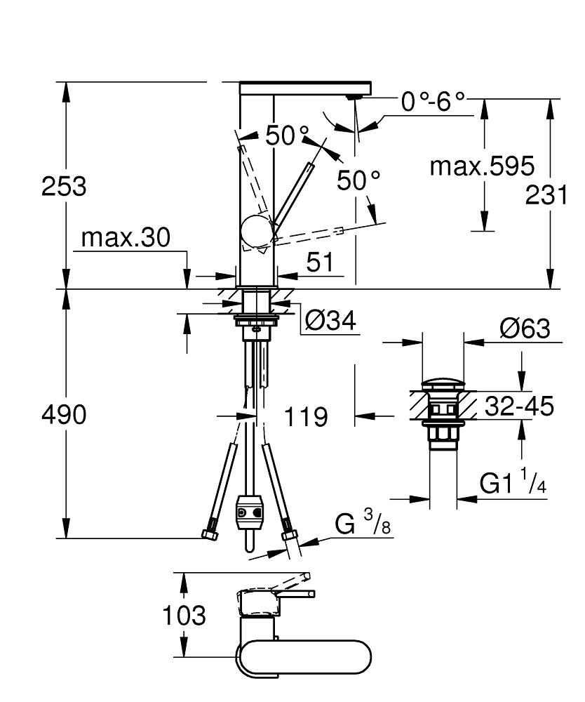 Bản vẽ kích thước vòi lavabo 23844003 Grohe thân cao