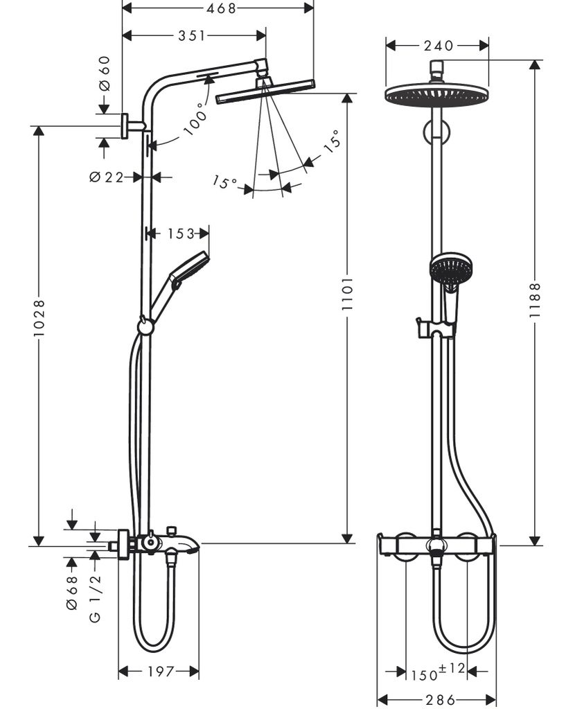 Bản vẽ sen cây tắm đứng 26186000 Hansgrohe