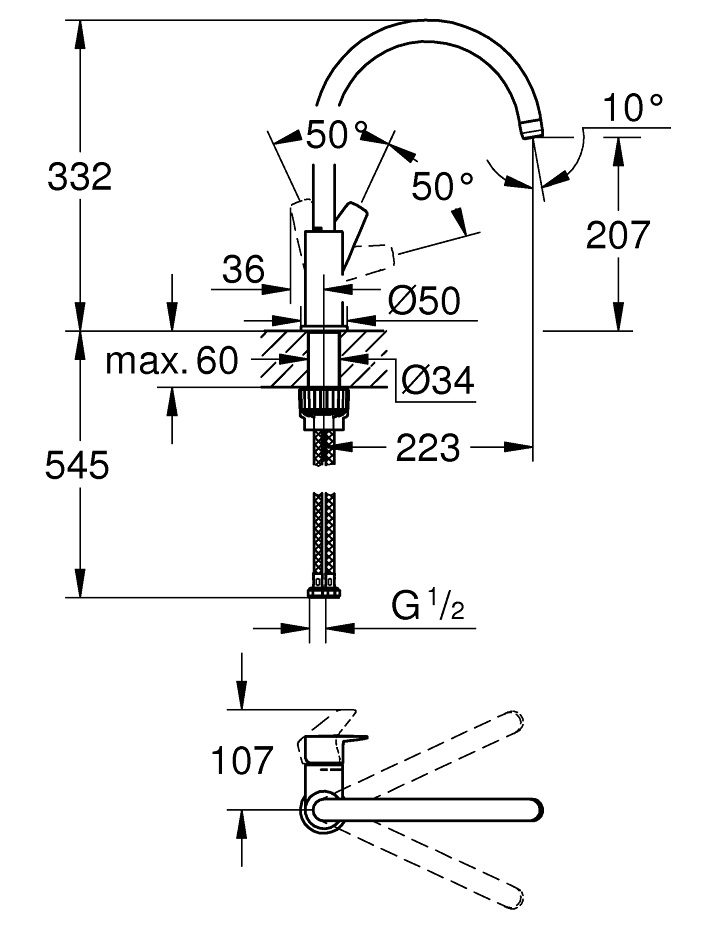 Bản vẽ kích thước vòi bếp 31233001 BauEdge OHM Grohe