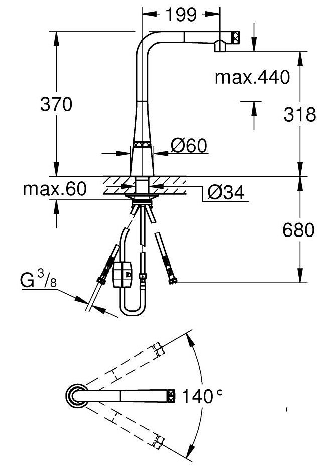 Bản vẽ kích thước vòi bếp 31593002 Grohe rút dây