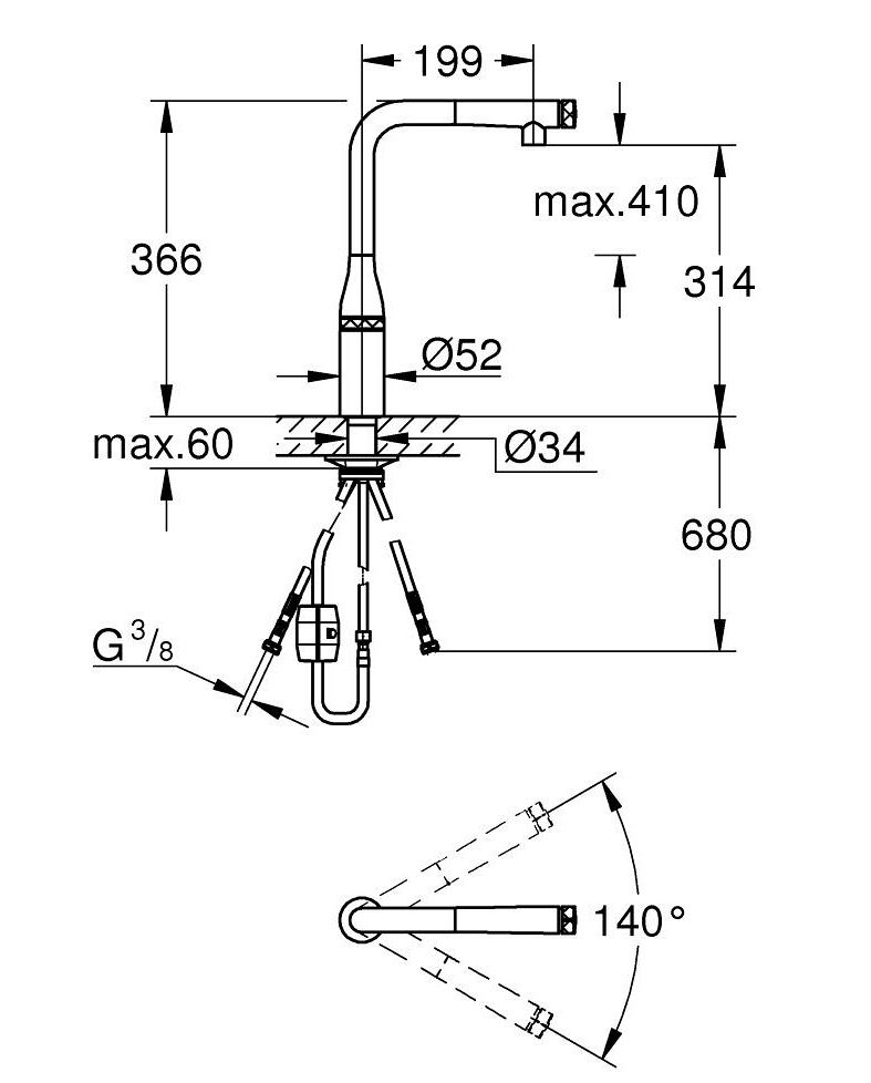 Bản vẽ kích thước vòi bếp 31615000 Grohe rút dây