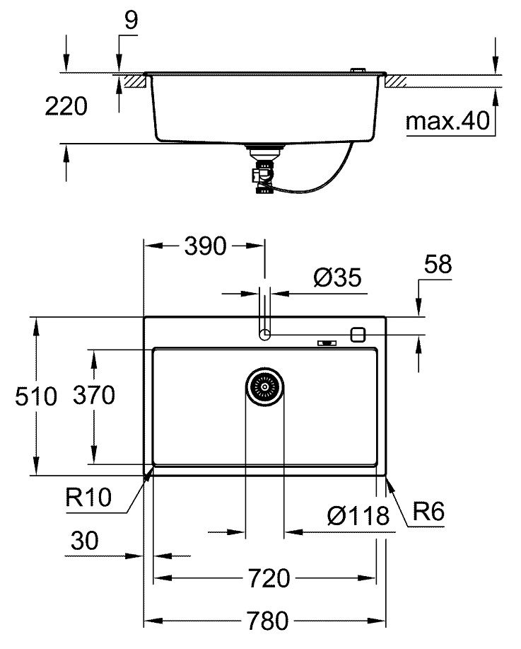 Bản vẽ kích thước chậu rửa bát K700 31652AP0 Grohe