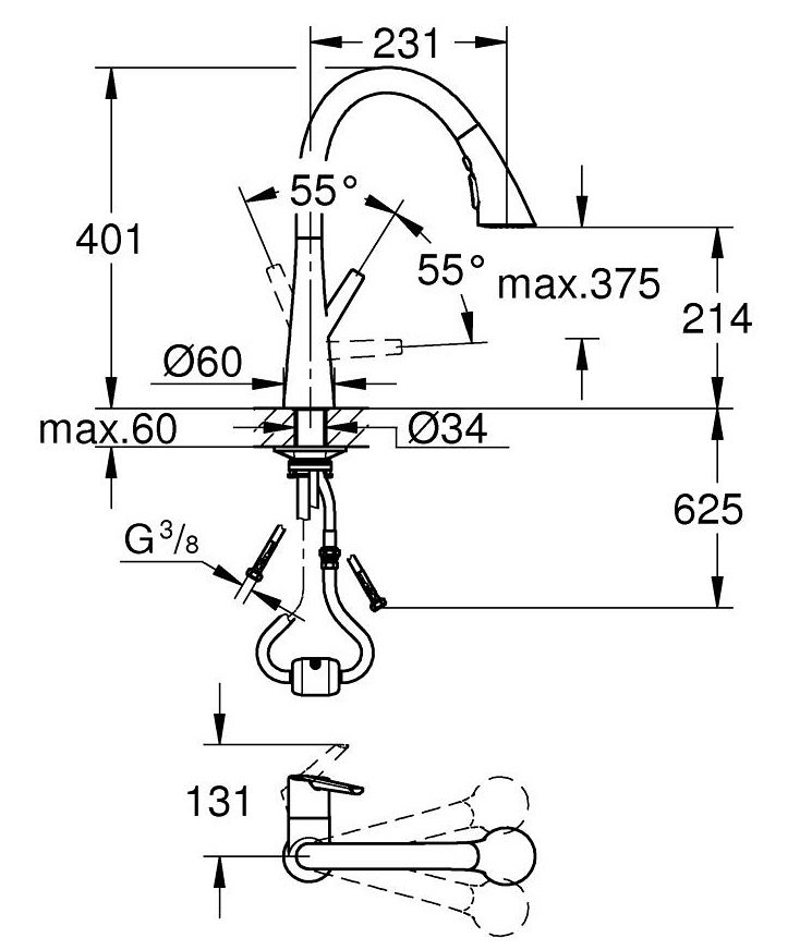 Bản vẽ kích thước vòi bếp 32294002 Grohe rút dây