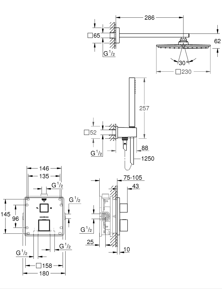 Bản vẽ kích thước sen tắm thông minh âm tường Grohe Cube Perpect 34741000 