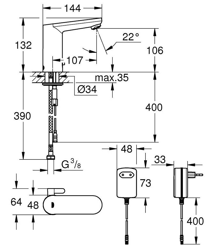 Bản vẽ kích thước vòi cảm ứng 36325001 Grohe Eurosmart Cosmopolitan E