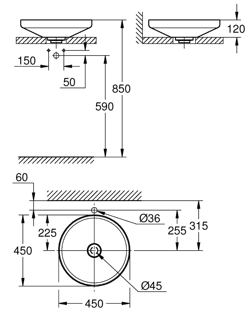 Bản vẽ kích thước lavabo Grohe 3995500H 450mm