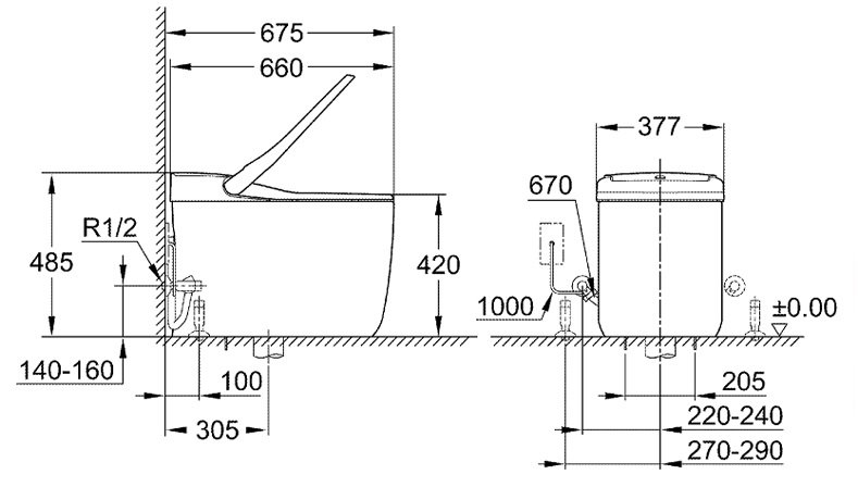 Bản vẽ bồn cầu điện tử Grohe 36492 SH0 đặt sàn