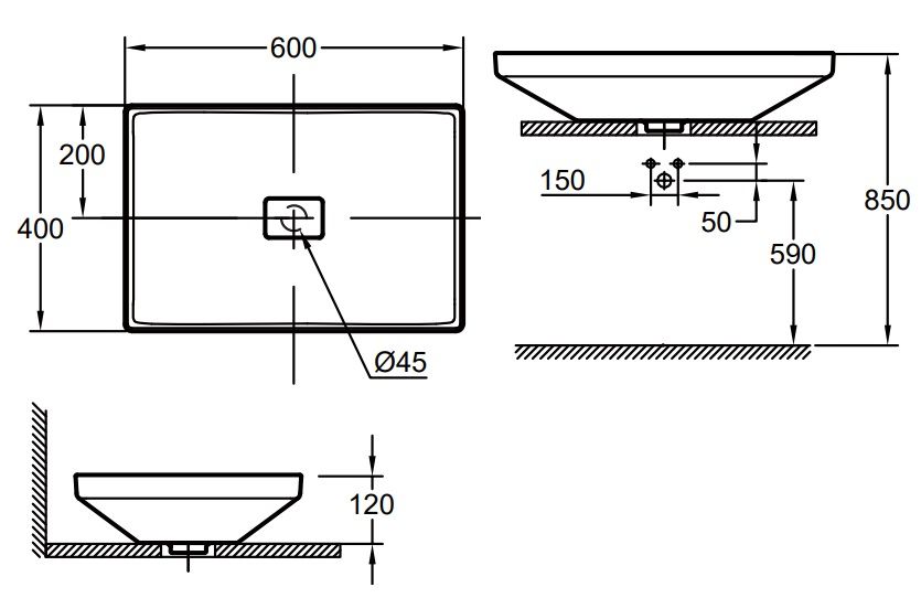 Bản vẽ kích thước lavabo Grohe 3995900H 600 mm