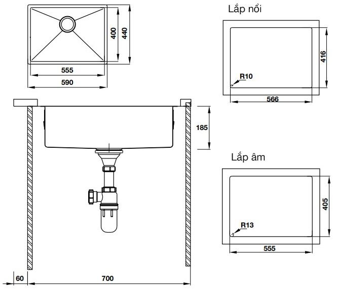 Bản vẽ kích thước chậu rửa bát Hafele HS19 SSN1S60 567.20.397