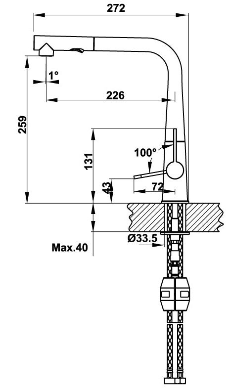 Bản vẽ kích thước vòi rửa chén Hafele HT20-GH1P259 570.82.400 nóng lạnh