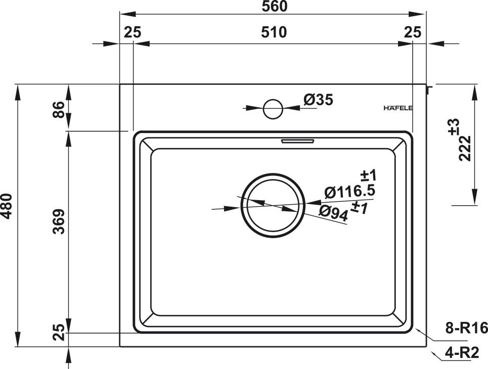 Bản vẽ chậu bếp HS22GEN1S60M 577.25.420 Hafele 1 hộc