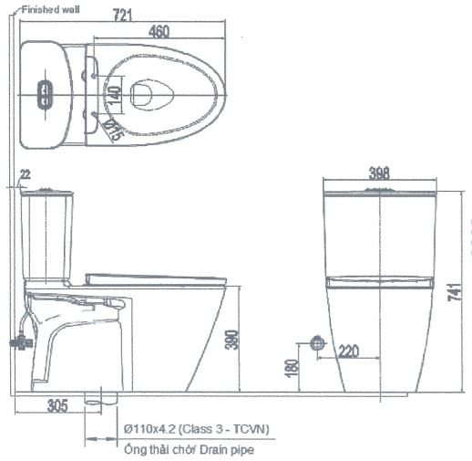 Bản vẽ kích thước bàn cầu Inax AC602VN-2