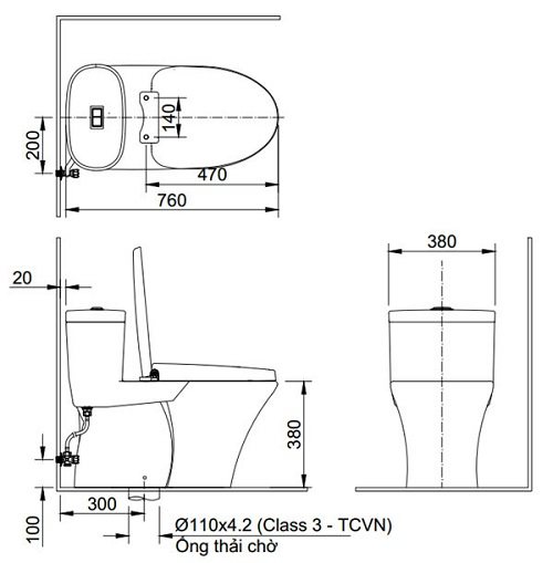 Bản vẽ kích thước bồn cầu rửa cơ Inax AC-959A CW-S32VN