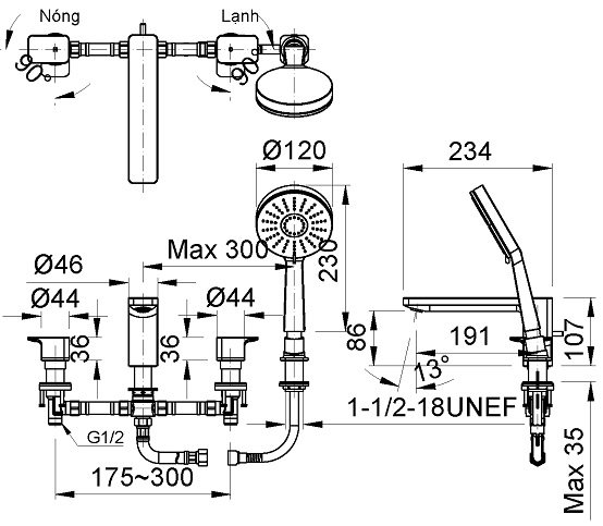 Bản vẽ kích thước sen xả bồn Inax LFV 5013S