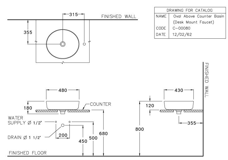 Bản vẽ kích thước chậu lavabo đặt bàn C 00080 Cotto