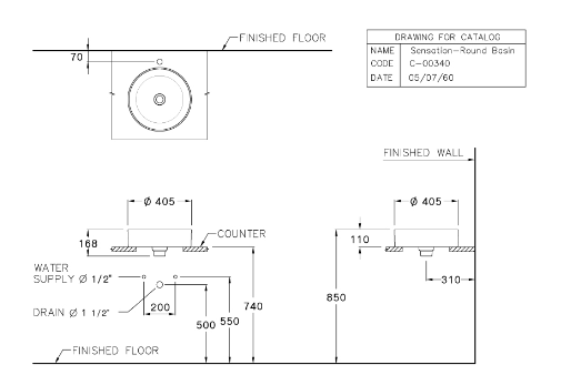 Bản vẽ kỹ thuật chậu lavabo đặt bàn màu xám C00340 MWH Cotto