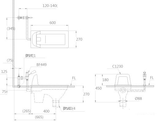 Bản vẽ kích thước bồn cầu xổm C1230B BF525