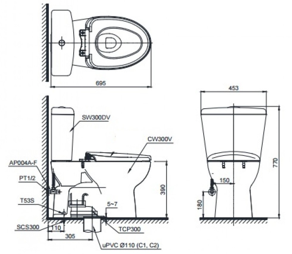 Bản vẽ kích thước bồn cầu CS300 DRW16 TOTO nắp điện tử